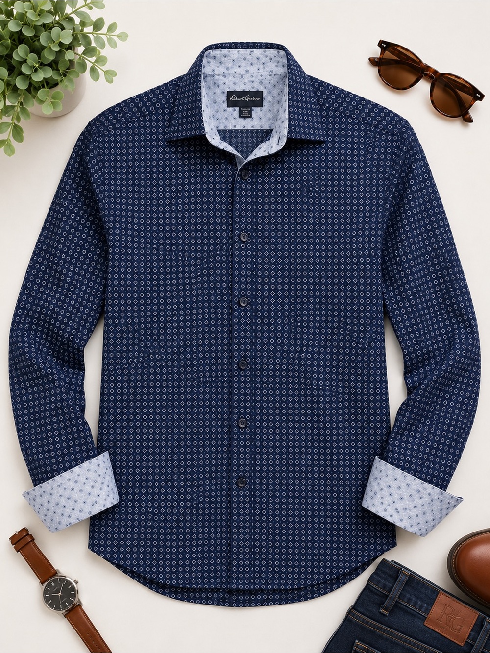 Robert Graham Blue Geometric Print Button Down Shirt Contrast Cuff Men’s large